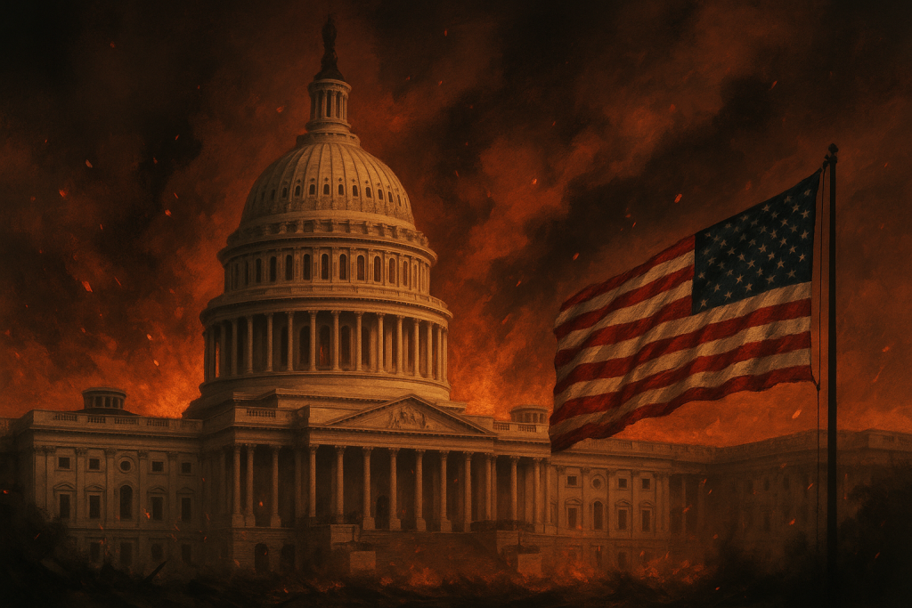 A cinematic image of the U.S. Capitol under storm clouds at dusk, red and blue lights flickering across empty streets, symbolizing democracy in peril.