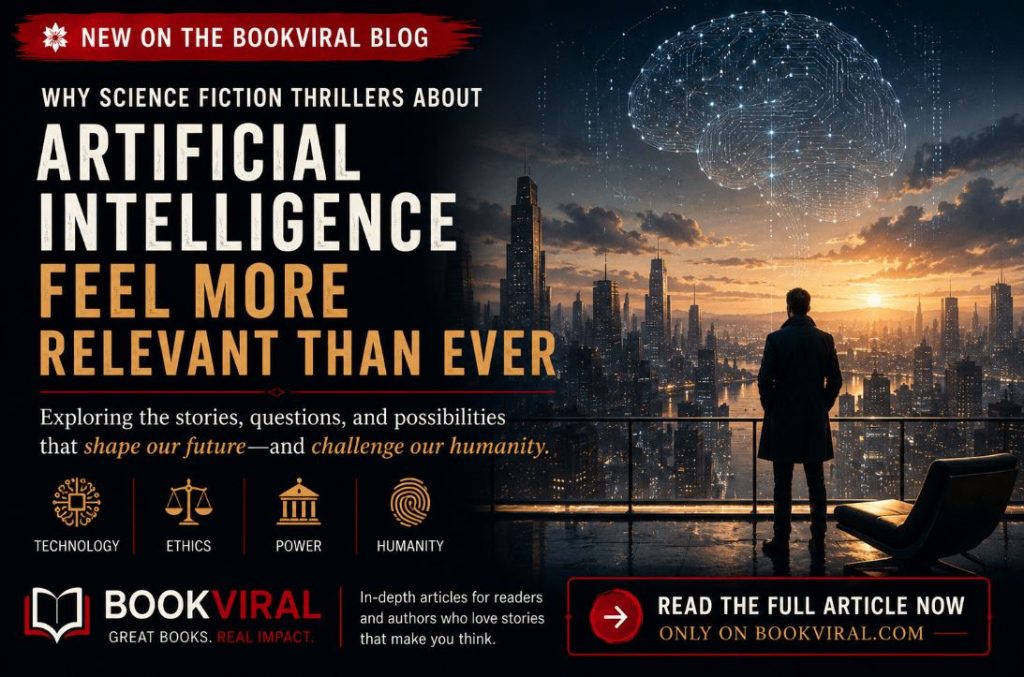 Cinematic futuristic city skyline at sunset with a lone figure overlooking the city beneath a glowing artificial intelligence brain, promoting a BookViral blog about AI-driven science fiction thrillers.