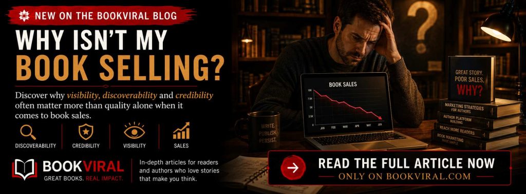 Author looking at declining book sales on a laptop in a library while exploring visibility, discoverability and credibility in book marketing.