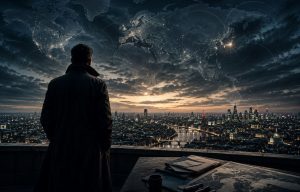 Cinematic illustration representing modern geopolitical thrillers, intelligence operations and international politics