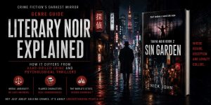 Literary noir explained with rain-soaked city streets symbolising the genre's moral ambiguity and psychological depth