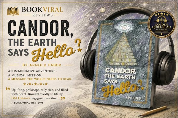 Candor, The Earth Says Hello audiobook review banner featuring Arnold Faber's audiobook and award-nominated narrator GM Hakim.